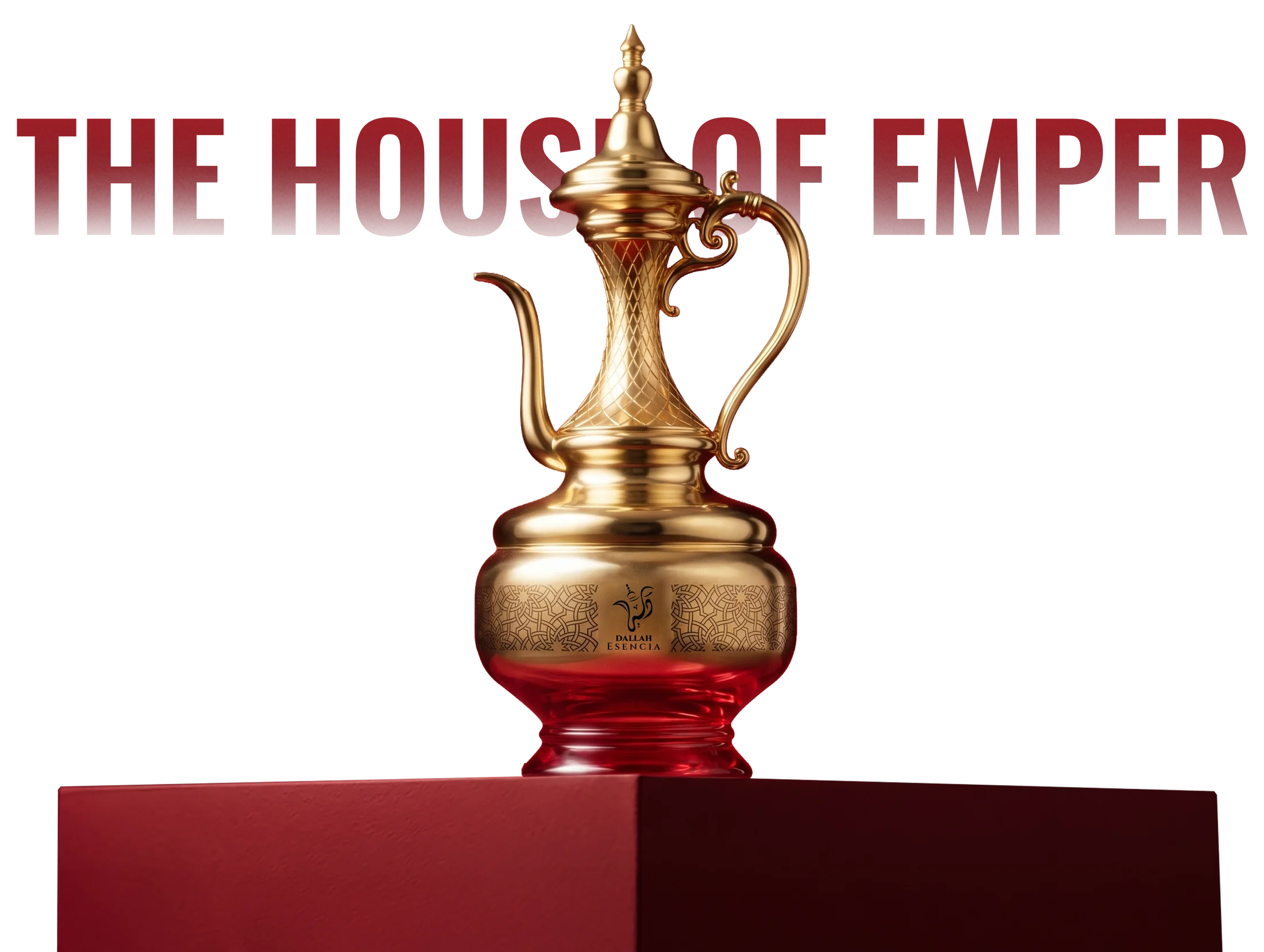 Dallah Esencia by Emper — a gold dallah-shaped perfume bottle on a red pedestal